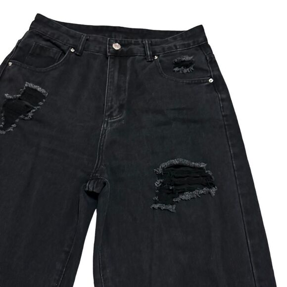 Zara Wide Leg Black Holes Hi Waisted Casual Punk Relaxed Oversized Denim Jeans - Picture 5 of 7